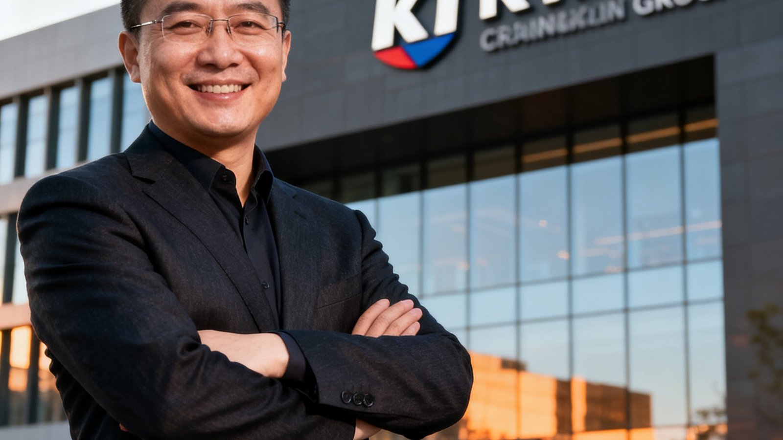 k1集团创始人兼CEO陈立伟近照，身穿深色商务正装，双臂交叉面带微笑站在集团总部前